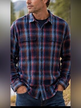 prAna Men’s Plaid Button-Up Shirt Size M Red Blue Outdoor Casual